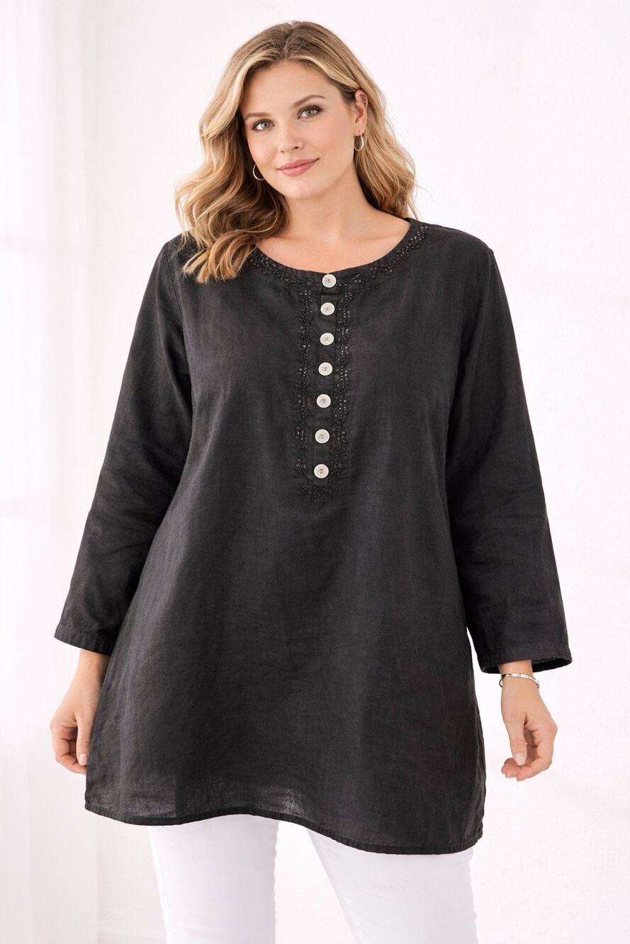 Edward Woman Black 100% Irish Linen Tunic Blouse Top 2X Beaded Embroidered Lux